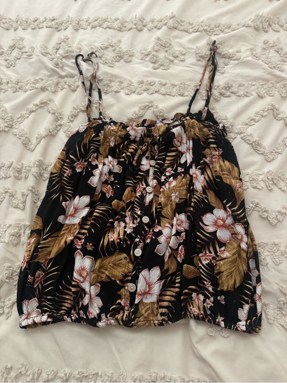 Rip Curl Black Floral Button-Front Camisole with Gold and Pink Accents